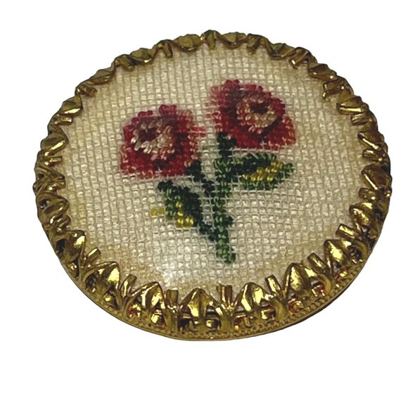 Vintage Petit Point Floral Brooch Round Gold-Tone Pink & White - Picture 1 of 7